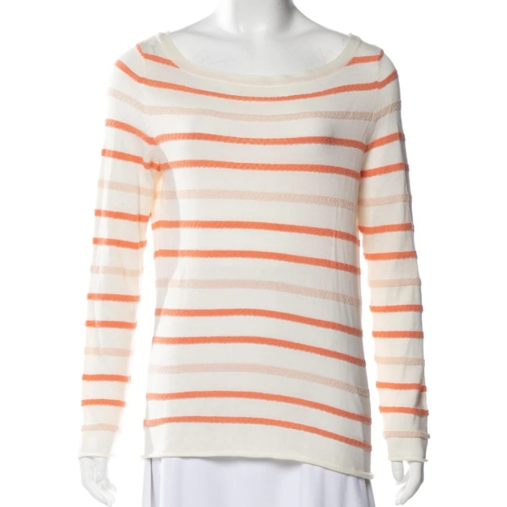 Tory Burch Sweater Long Sleeve Striped Knit Top Small Orange Cotton Nylon Blend
